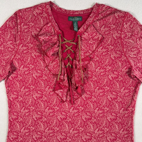 Ralph Lauren Top Womens Medium Red Paisley 3/4 Sleeve Ruffle Lace Up Southwest - Picture 4 of 15